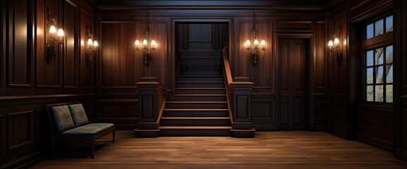 An upstairs hallway in a luxury home with a coffered ceiling, dark hardwood floor, a wooden bench, and board and batten walls. - obrazy, fototapety, plakaty