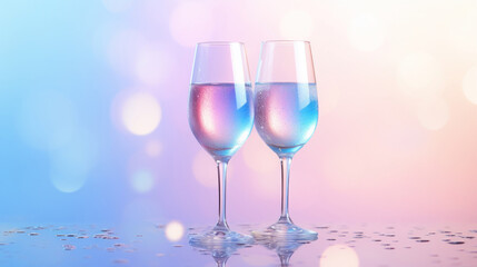Pair of champagne glasses reflecting vibrant pink and blue hues, with a celebratory feel.