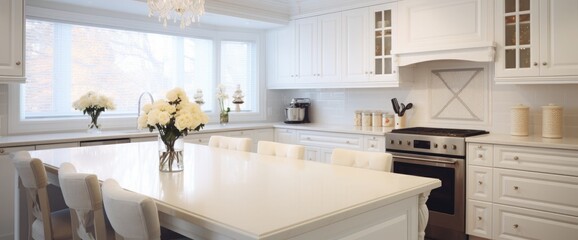 Obraz na płótnie Canvas A modern white kitchen with a traditional touch custom designed by Toronto interior designer Jessica Mendes.