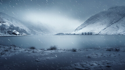 Snowstorm over a Mountain Lake. A mountain lake scene beautiful.