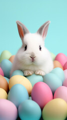 A cute white bunny sitting amidst colorful Easter eggs on a bright blue background, festive and playful.