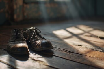 A pair of old, well-worn shoes on a wooden floor, symbolizing the journey of life and stories told through objects.

