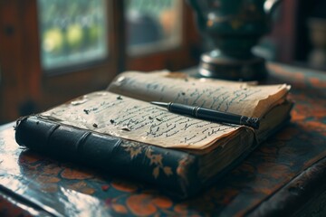 Antique journals with a pen, evoking a sense of history, storytelling, and the timeless art of writing.

