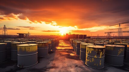 Radioactive waste barrels stored in a secure facility at sunset - obrazy, fototapety, plakaty