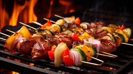 Smoke enveloping BBQ skewers with vegetables and meats, a mouthwatering sight