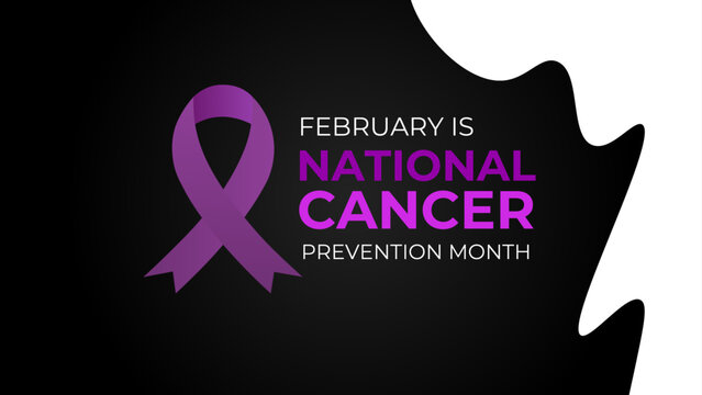National Cancer Prevention Month Banner, Card, Placard with Vector 3d Realistic Lavender Ribbon on dark Background. Cancer Prevention Awareness Month Symbol Closeup. cover, website, flyer. 