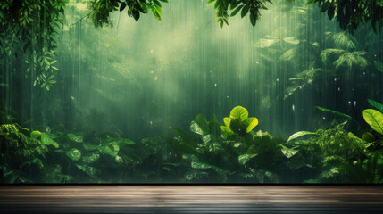 A mystical view of a dense rainforest with sunbeams piercing through the fog.