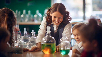 Female teacher teaching science experiments to kindergarten, science, happy, learning, smile, fun, in the classroom.