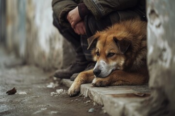 Forlorn stray dog lying on a cold pavement, evoking empathy and awareness for animal welfare

