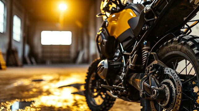Radiant Sunset Glow Illuminating Detailed Yellow Motorcycle in Industrial Warehouse - Powered by Adobe