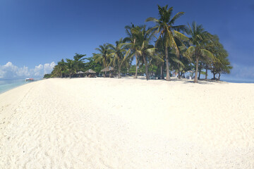 Beautiful white sand beach with palm trees on a hot, clear day and local traditional Filipino boats or Outrigger boats anchored.