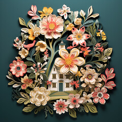 A dreamy little house surrounded by beautiful flowers., Generative AI Illustration.