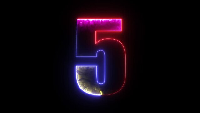 Glowing neon animated number 5 (Five). Bright neon glowing number 5. Education concept