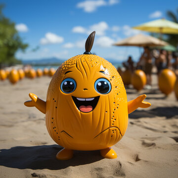 A funny orange at the beach. A smiling character of a lemon at the beach