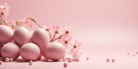 Fototapeta na wymiar Soft pink Easter eggs elegantly arranged with delicate flowers on a soothing pastel pink background.