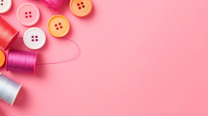 A creative arrangement of colorful sewing spools and matching buttons on a bright pink background for crafting and sewing. - obrazy, fototapety, plakaty