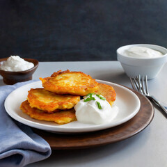 A plate of Polish placki ziemniaczane potato pancakes served with a dollop of sour cream in a rustic setting.