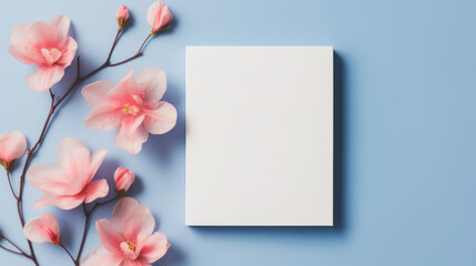 A white blank canvas surrounded by delicate pink flowers against a blue background.