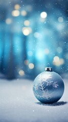 Fototapeta na wymiar Blue Christmas Ornament on Snowy Ground