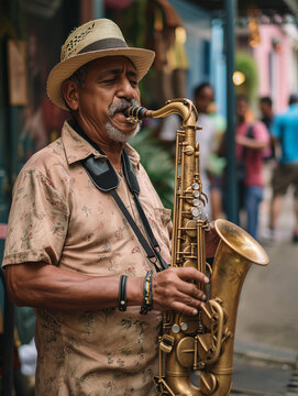 A Photo Of A Hispanic Man Enjoying A Jazz Festival In New Orleans USA