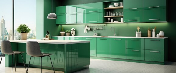 Green kitchen and minimalist interior design.3d rendering