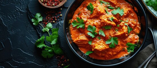 Chicken dish in black bowl on dark slate table. Indian cuisine with creamy masala. Asian meal, top view.