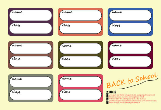 Notebook Labels Vector Template Design. School Book Labels Template. Name and Class Set Stickers.	