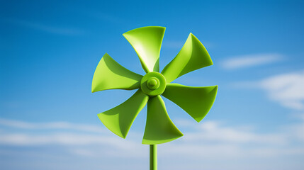 A green wind turbine on a sunny day