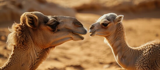 Baby camel and mother in the Sahara Desert, near Douz, Tunisia, playing together. - Powered by Adobe