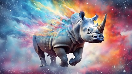 Majestic Rhino Immersed In a Vivid, Cosmic Cloud of Colorful Nebulae. Cosmic wallpaper