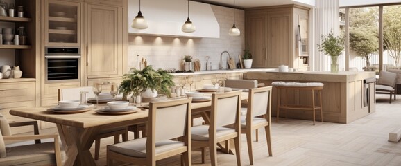 Linen, beige, light oak, Luxury home dining room and kitchen interior with natural rustic modern deisgn.