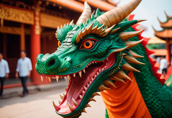 Fototapeta premium Colorful wooden carved dragon symbol of the Chinese New Year