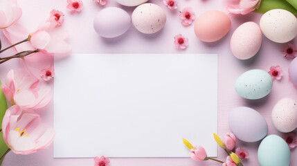 Naklejka na ściany i meble A beautiful Easter card mockup surrounded by pastel eggs and pink tulips in a charming flat lay composition.