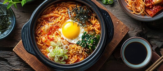 Traditional Korean noodle pot filled with spicy Korean instant noodle, garnished with egg yolk, chilli, veggies, and kimchi. - obrazy, fototapety, plakaty