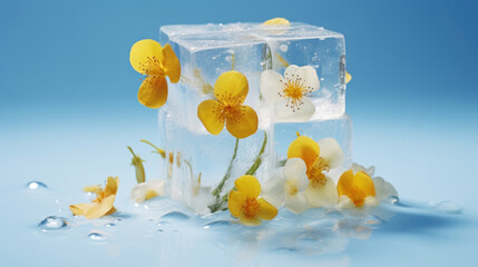 Elegant yellow and white flowers encased in clear ice cubes, melting on a vibrant blue background.
