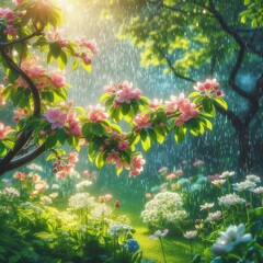 flowering tree in a refreshing rain shower in summertime on blurred nature background in an idyllic garden with fresh green vegetation
제작자 winyu