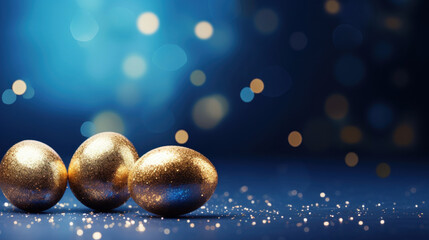 Fototapeta premium Festive golden eggs with sparkling glitter on a shimmering blue background with bokeh, celebration concept.