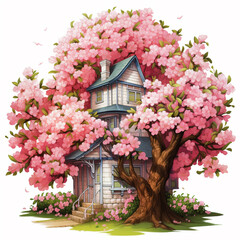 Fototapeta na wymiar A dreamy little house surrounded by beautiful flowers., Generative AI Illustration.