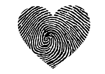 black and white hand drawn of Heart-shaped human fingerprint isolated in white 