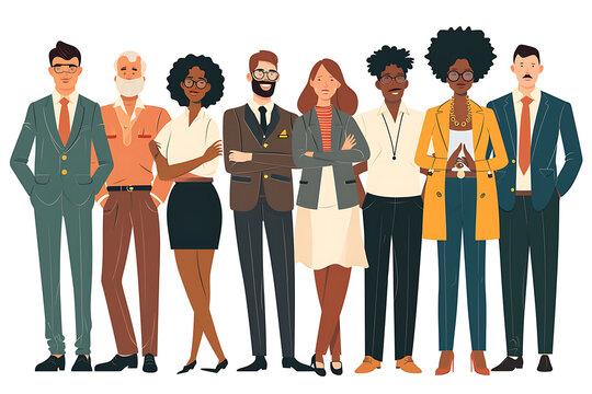 Multinational business team. Vector illustration of diverse cartoon men and women of various ethnicities, ages and body type in office outfits. Isolated on white.