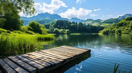 An idyllic countryside natural landscape with a picturesque lake surrounded by lush green trees and mountains in the background