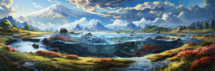 Anime background scene of a big lake in the nature and a volcano, illustration - Powered by Adobe
