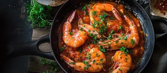Tuinposter Mediterraans Europa Portuguese-style garlic white wine sauce with prawns and fish in a cataplana stew.