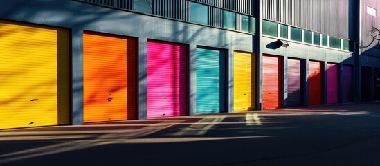 contemporary businesses featuring vibrant roller doors - obrazy, fototapety, plakaty