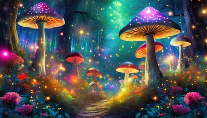 Obraz na płótnie Canvas mushroom forest that glow at night