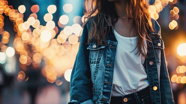 Grunge Inspired Give off grunge vibes with this uni denim jacket, white tshirt, and black relaxedfit jeans combo, perfect for a music festival or concert.