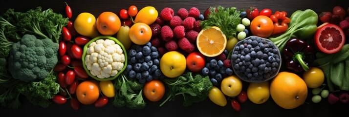 array of fruits and vegetables in numerous colors.