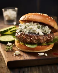 Fotobehang Experience the flavors of the Mediterranean with a lamb and feta burger, featuring a succulent lamb patty seasoned with fragrant herbs, topped with tangy crumbled feta, crisp cucumber slices, © Justlight