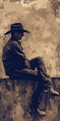 Cowboy wearing Black is Sat on a Grunge Wall in the Style of Pop Art Illustration - A Cowboy Background in Sepia Tone, Necro Nomi Con Illustration Wallpaper created with Generative AI Technology