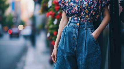 For a more feminine take on the denim vest, try a dainty floral blouse tucked into highwaisted wideleg trousers and finished off with delicate pointedtoe flats. - obrazy, fototapety, plakaty
